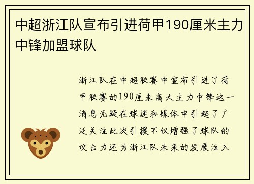 中超浙江队宣布引进荷甲190厘米主力中锋加盟球队 中超浙江队宣布引进荷甲190厘米主力中锋加盟球队